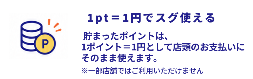 1pt＝1円でらスグ使える  貯まったポイントは、1ポイント＝1円として店頭のお支払いにそのまま使えます。